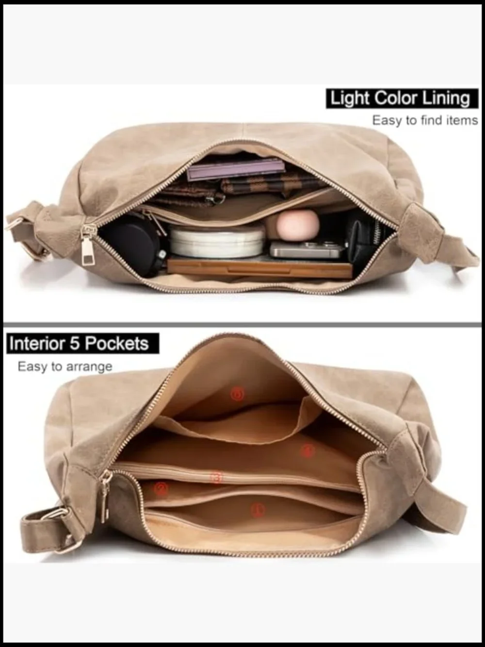 Foldable Vegan Leather Slouchy Tote Hobo Bag Shoulder Crossbody Purse for Women